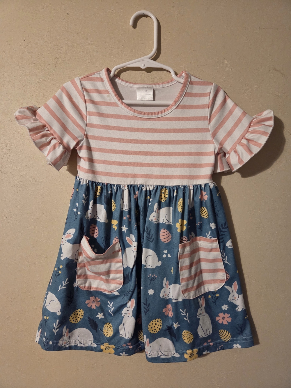 💝 Pink Stripe & Blue Bunny Print Dress SIZE 1-2T